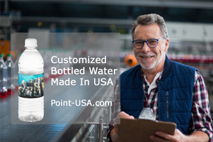 employee makes custom labeled bottled water