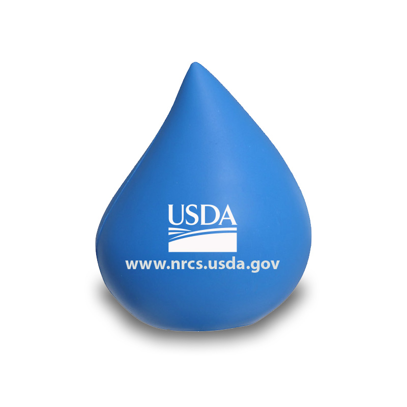 blue water drop shaped stressballs with USDA logo and NRCS url