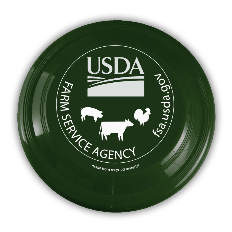 plastic flying discs with USDA logo, FSA text and url, and silhouettes of farm animals