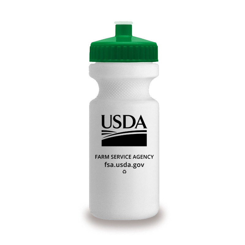 22 ounce recycled Plastic Sport Bottles with USDA logo and FSA text and url