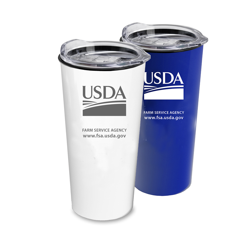 plastic travel tumblers with USDA logo and FSA text and url