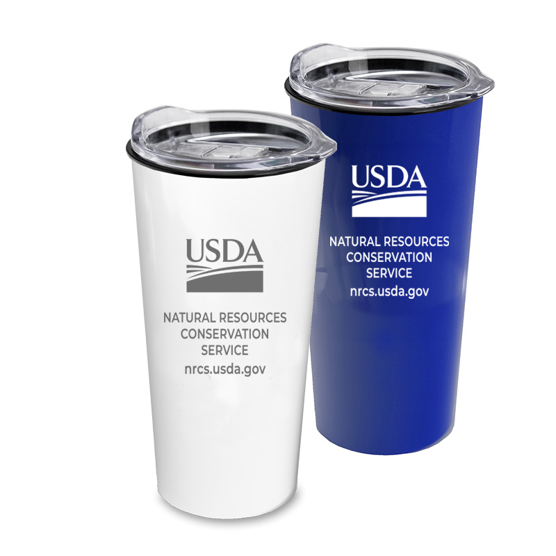 plastic travel tumblers with USDA logo and NRCS text and url