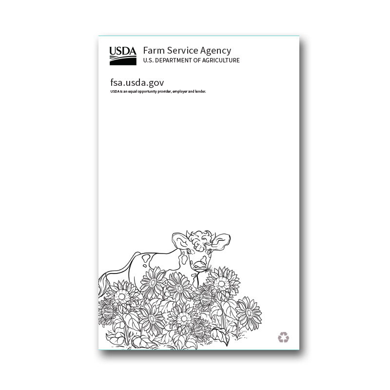 Notepads with USDA logo and FSA text and url at top, cow graphic at bottom