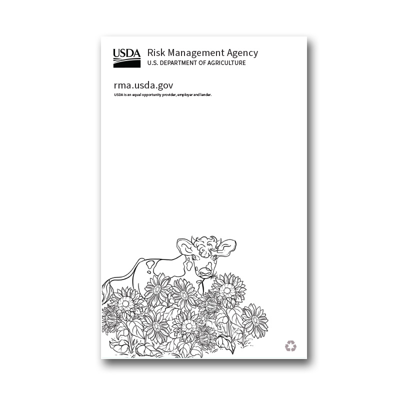 Notepads with USDA logo and RMA text and url at top, cow graphic at bottom