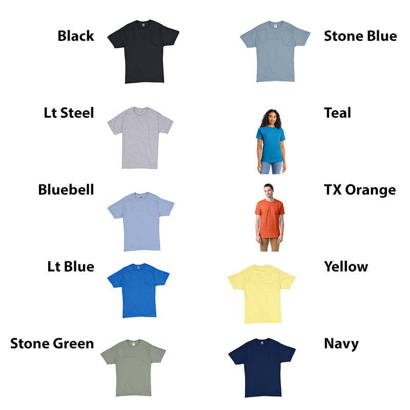 t-shirt color choices navy, stone green, yellow, light blue, orange, bluebell, teal, light steel, black, stone blue