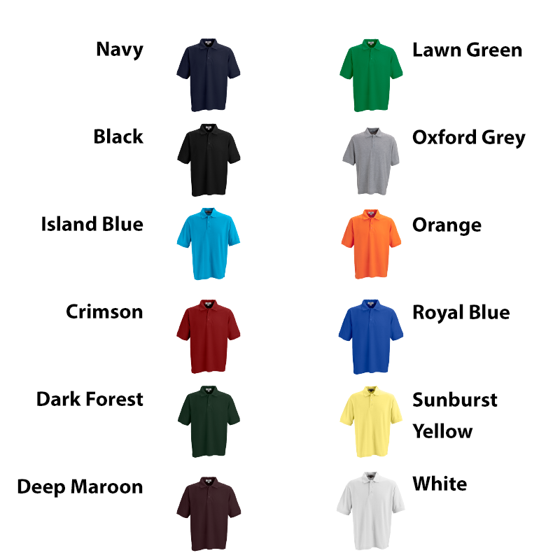 color choices navy, lawn green, black, oxford grey, island blue, orange, crimson, royal blue, dark forest, sunburst yellow, deep maroon, or white