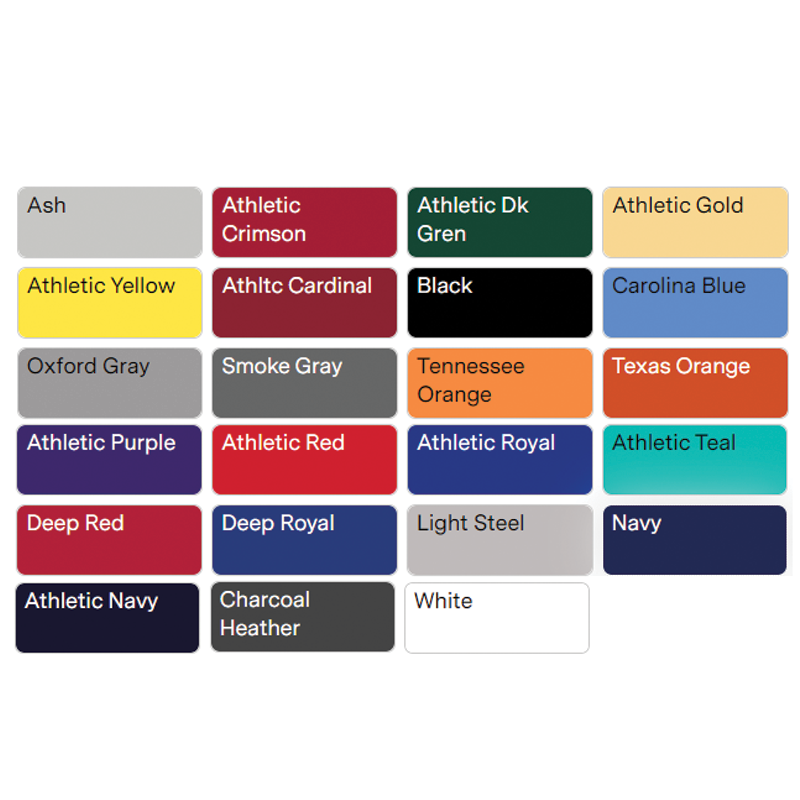 color choices: ash, oxford grey, smoke grey, light steel, charcoal heather, navy, athletic navy, deep royal, athletic royal, carolina blue, navy, athletic navy, black, white, athletic dark green, and others