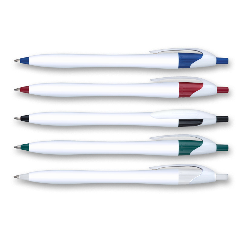 Javalina click pens trim colors on white pen: blue, red, black, forest green, grey