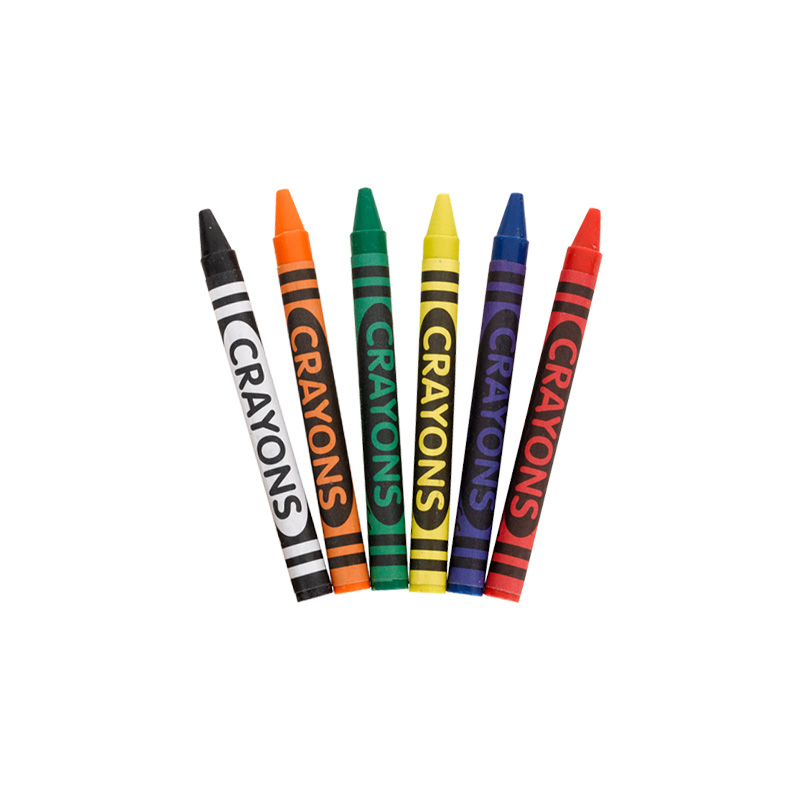 crayon colors contained in 6-pack box are red, orange, yellow, green, blue, and black