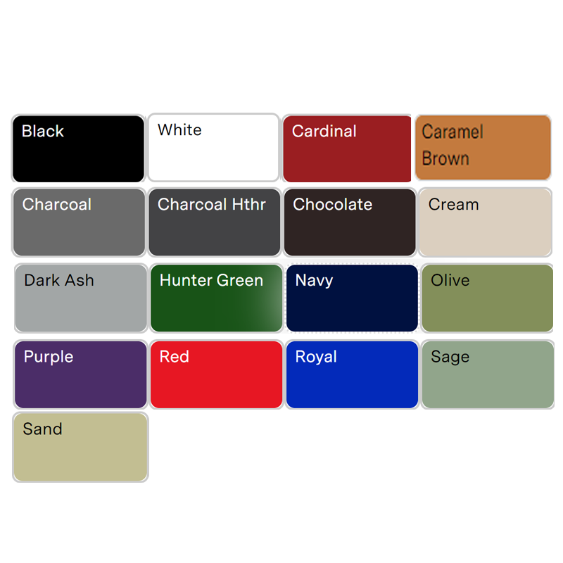 color swatches for sweatshirts black, white, cardinal, caramel, charcoal, charcoal heather, chocolate, cream, dark ash, hunter green, navy, olive, purple, red, royal, sage, sand