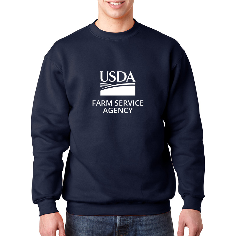 navy blue crewneck sweatshirt with USDA logo and FSA text - USA made