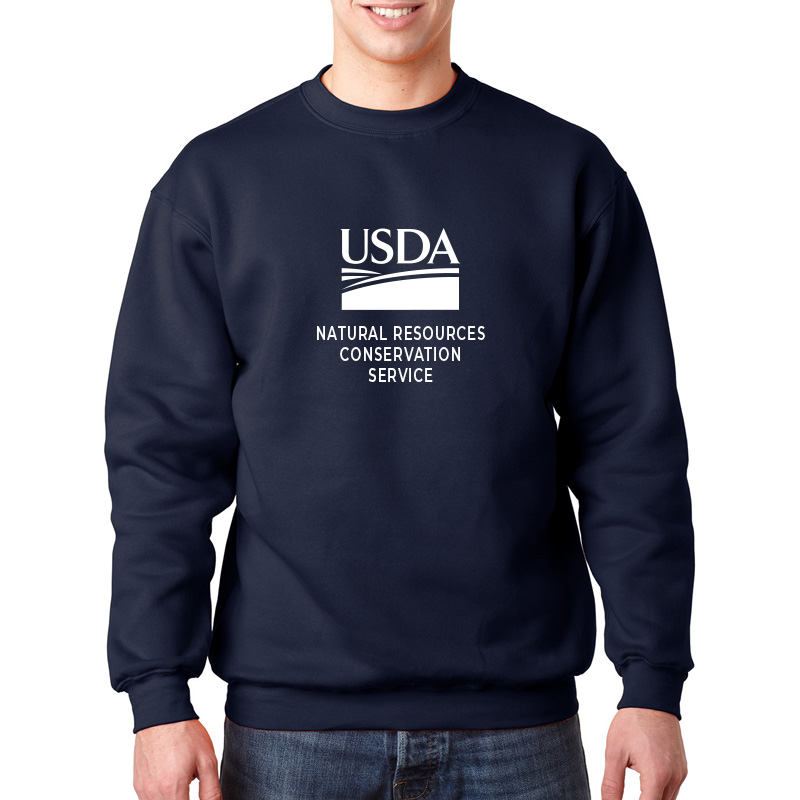 navy blue crewneck sweatshirt with USDA logo and NRCS text - USA made