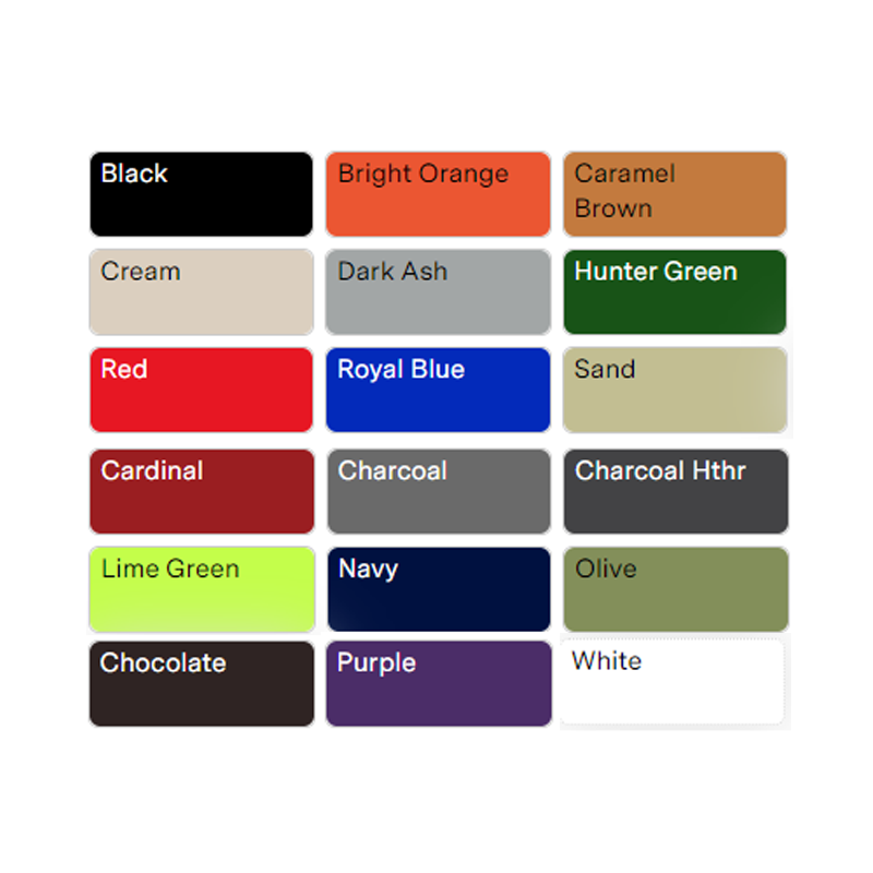 color choices for hooded sweatshirt: black, hunter green, dark ash, royal blue, charcoal, charcoal heather, navy, olive, white, caramel, cream, red, sand, cardinal, purple, chocolate, red, lime green, bright orange