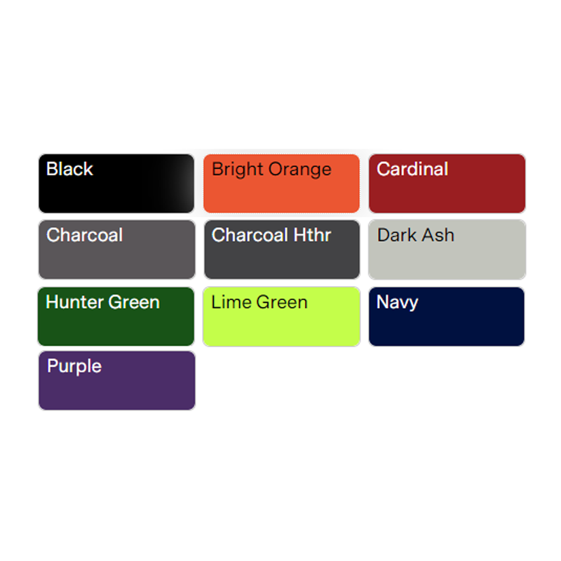 color choices for zip hoodie: black, charcoal, charcoal heather, dark ash, hunter green, navy, cardinal, purple, lime green, bright orange