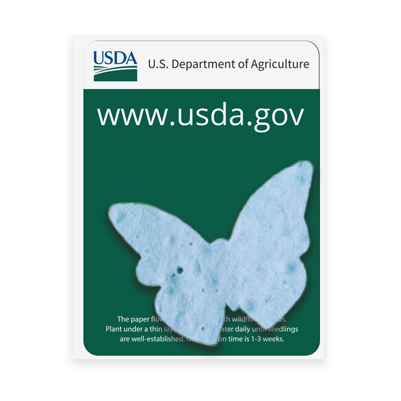butterfly-shaped seed card and USDA logo and URL