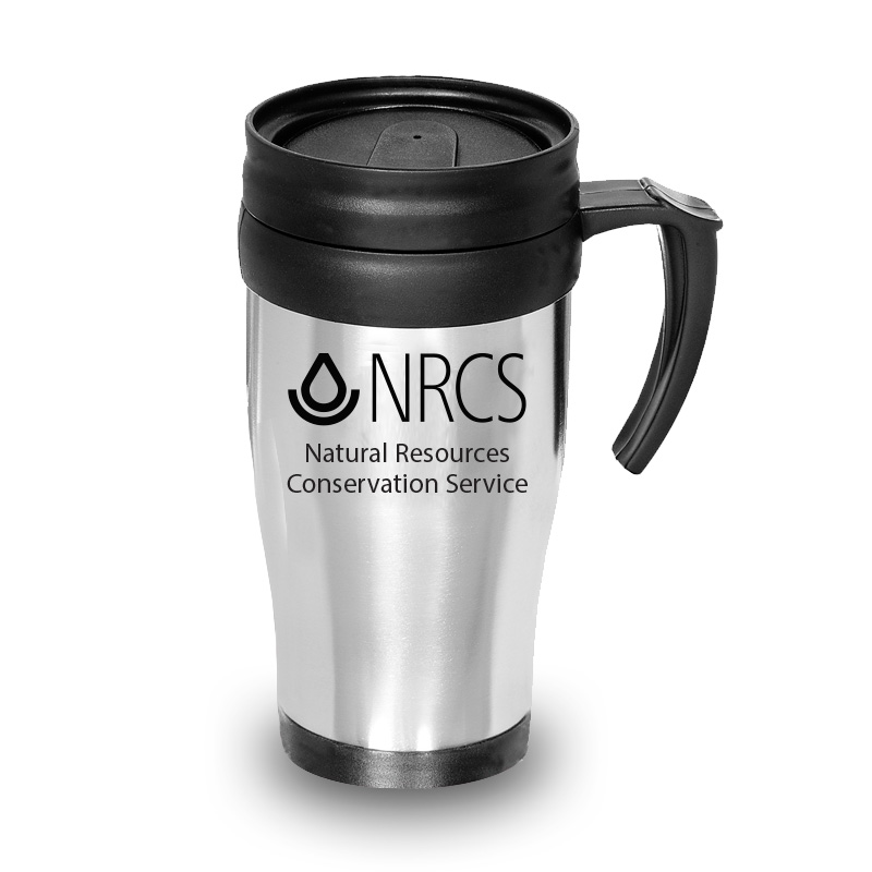 Stainless Travel Mugs with legacy NRCS logo and text