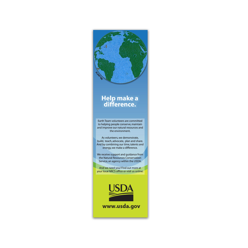 bookmarks with Earth-shaped seed card and USDA logo and URL