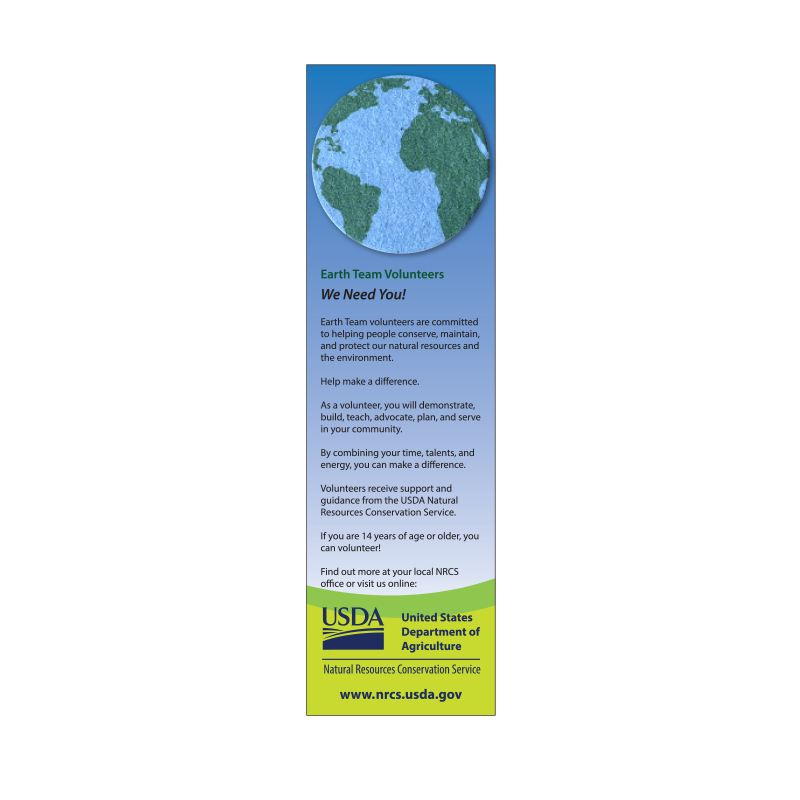bookmarks with Earth-shaped seed card, USDA logo, and NRCS Earth team text and URL