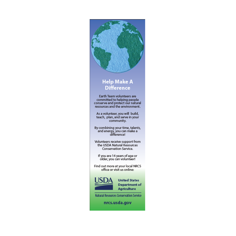 bookmarks with Earth-shaped seed card, USDA logo, and NRCS text and URL